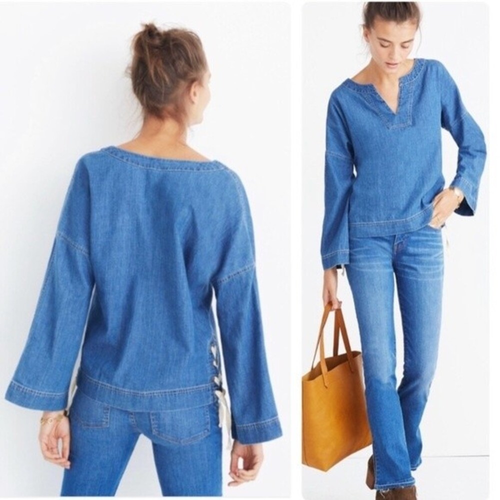 Madewell Lace-Up Denim Top Size Medium Nautical Summer Vacation - Picture 2 of 14